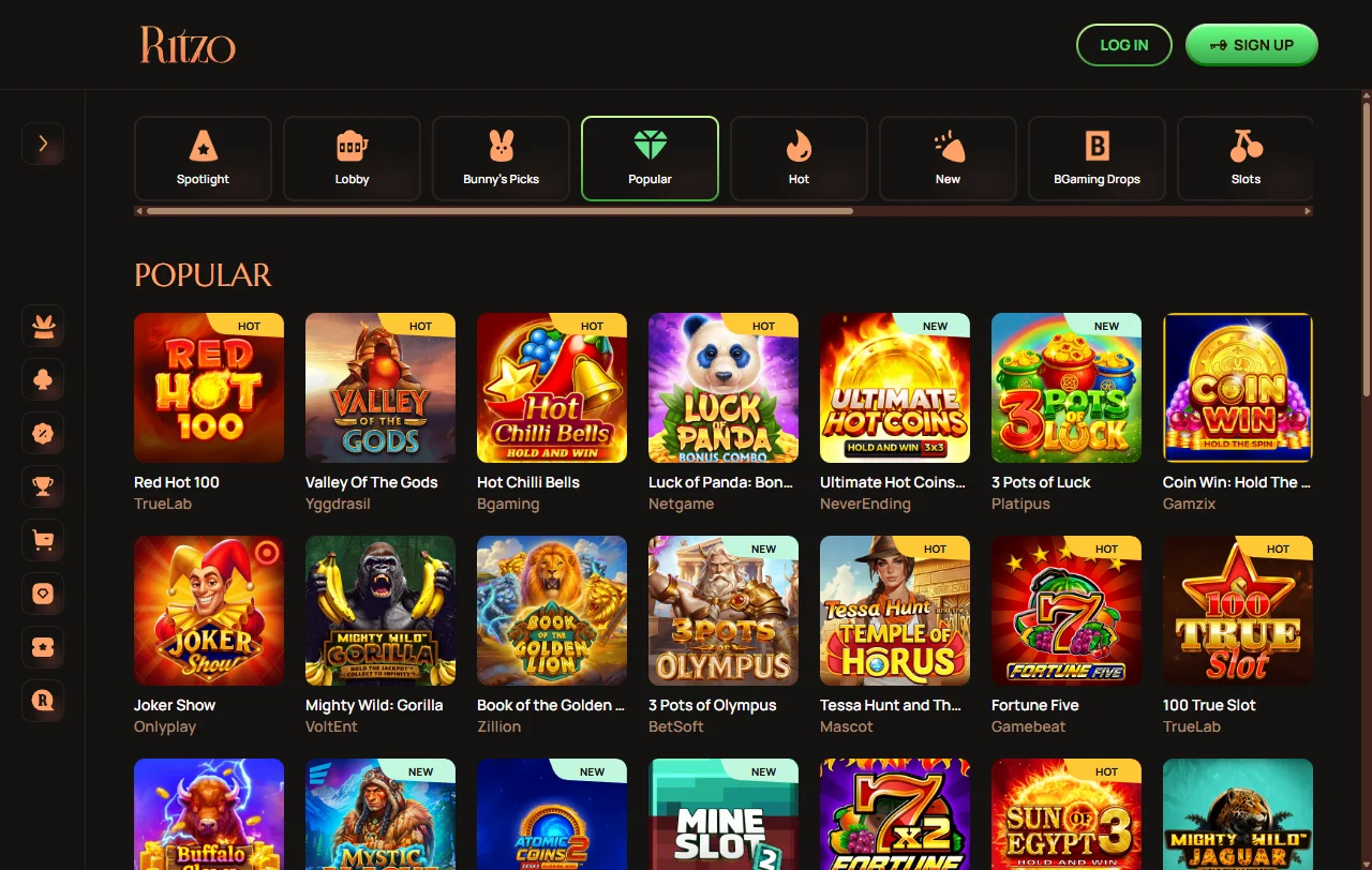 Welcome bonus offer and promotional banners highlighting 100% match and free spins at Ritzo Casino