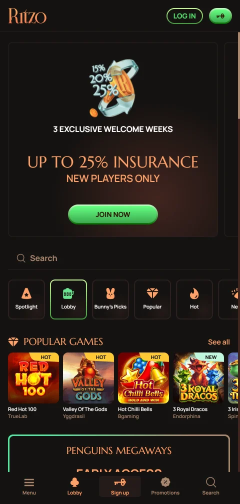 Ritzo Casino mobile browser interface optimised for iOS and Android with touch-friendly navigation controls