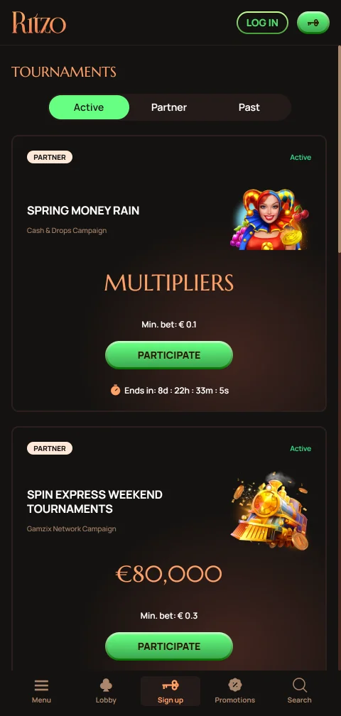 Payment methods and withdrawal options displayed at Ritzo Casino including e-wallets and cryptocurrency