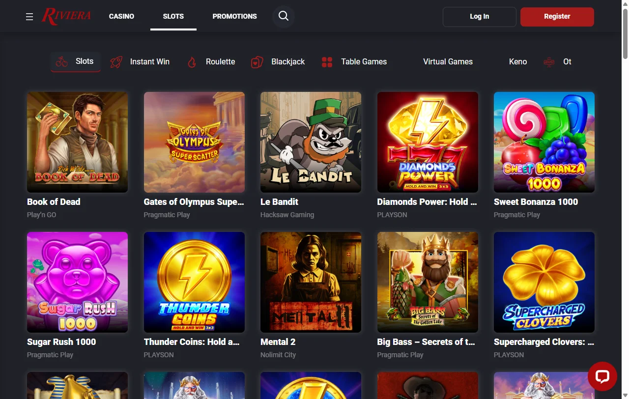 Game library featuring Pragmatic Play slots and Evolution Gaming live dealer tables at Riviera Casino