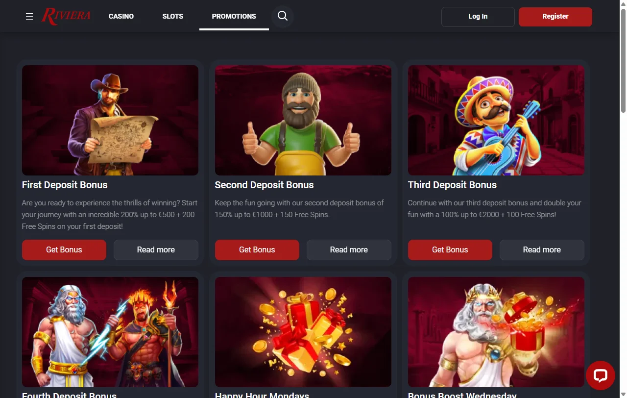 Welcome bonus promotion offering 100% deposit matching at Riviera Casino for new players