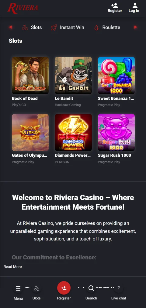 Riviera Casino mobile browser platform providing responsive gaming access across iOS and Android devices