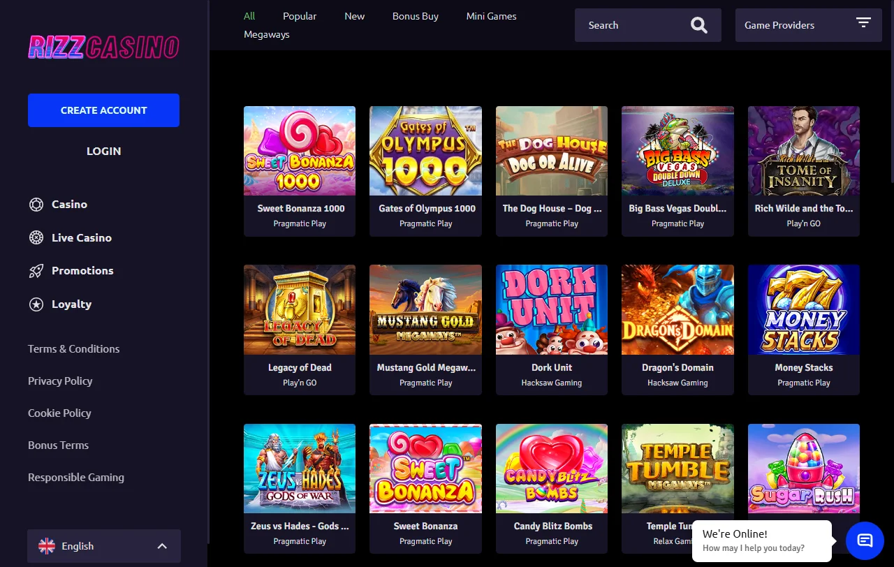 Game library featuring slots and table games from Evolution Gaming and Pragmatic Play at Rizz Casino