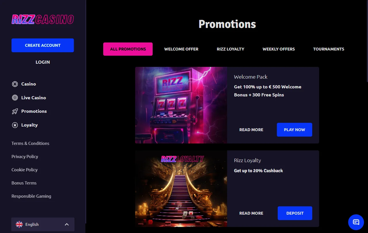 Welcome bonus offer and promotional structure at Rizz Casino including 100% match bonus