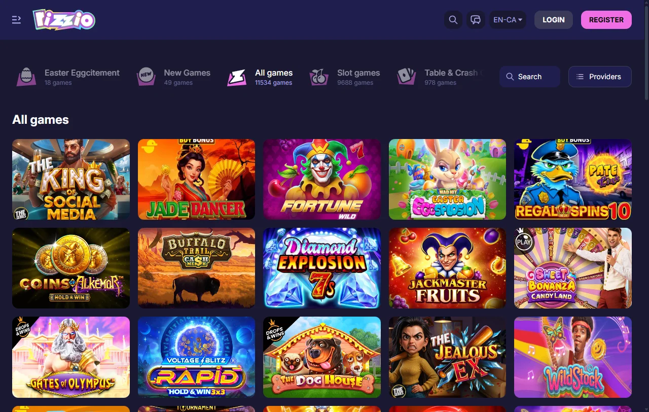 Rizzio Casino game library featuring 5,000+ titles from Pragmatic Play and Evolution Gaming