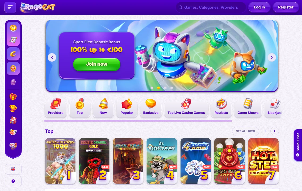 RoboCat Casino desktop platform displaying comprehensive game library and navigation interface for Australian players