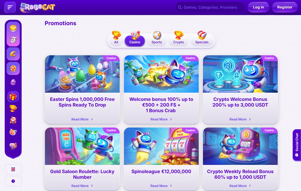 Slot games and table game selections available through RoboCat Casino desktop platform from Pragmatic Play and Evolution Gaming