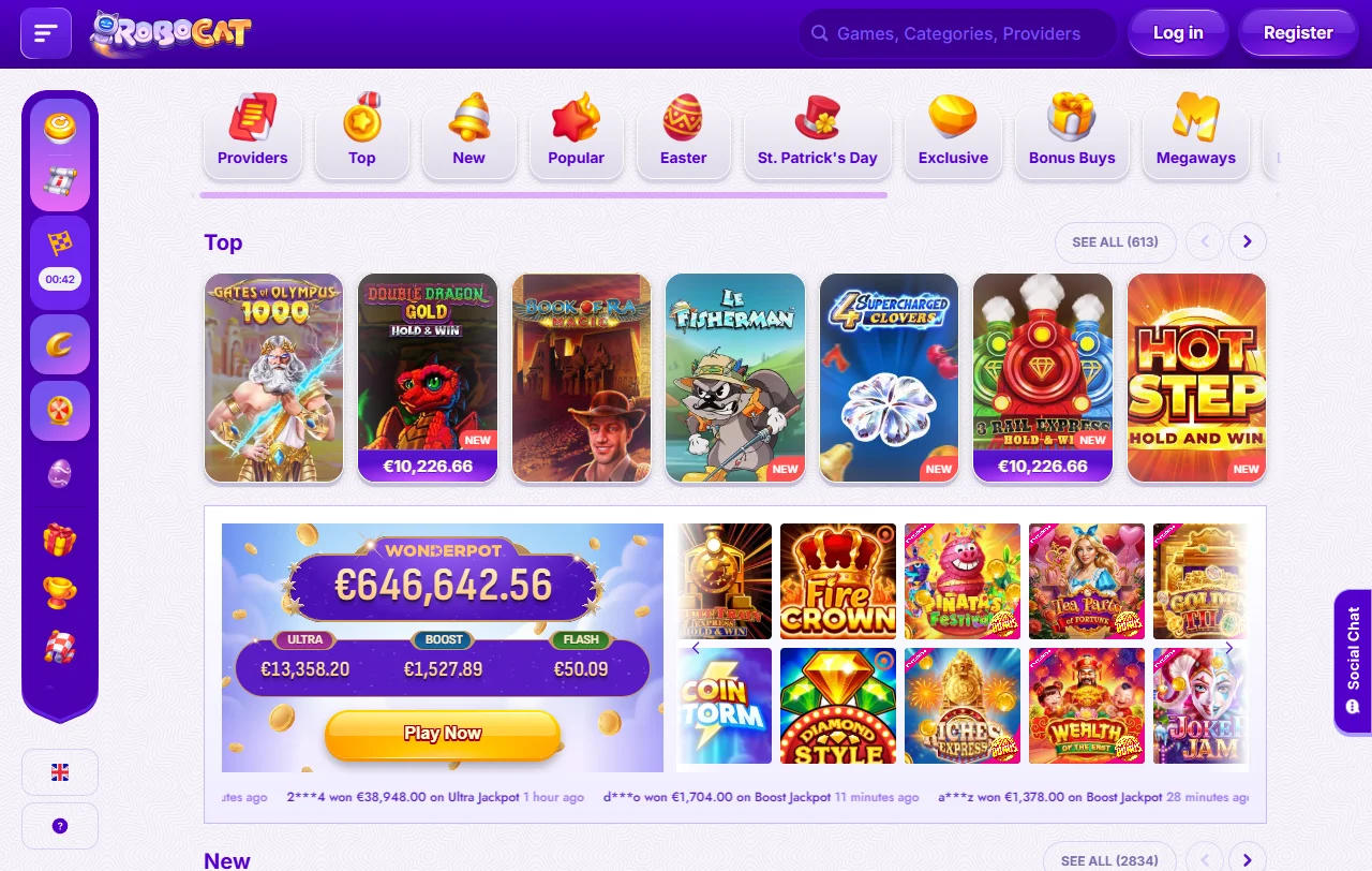 Welcome bonus promotion and reload offers featured on RoboCat Casino desktop homepage with promotional terms displayed