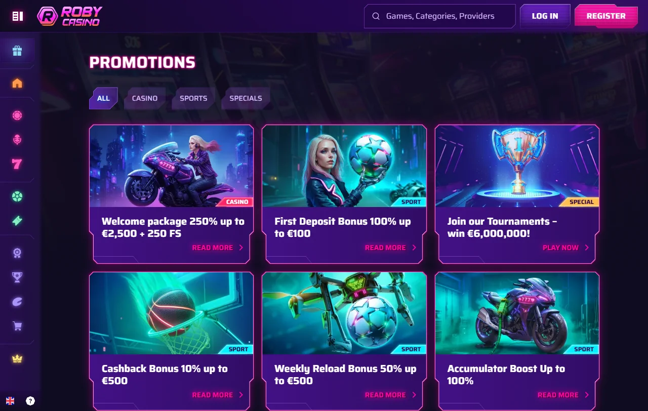 Slots and live dealer games available at Roby Casino with 3,500+ titles