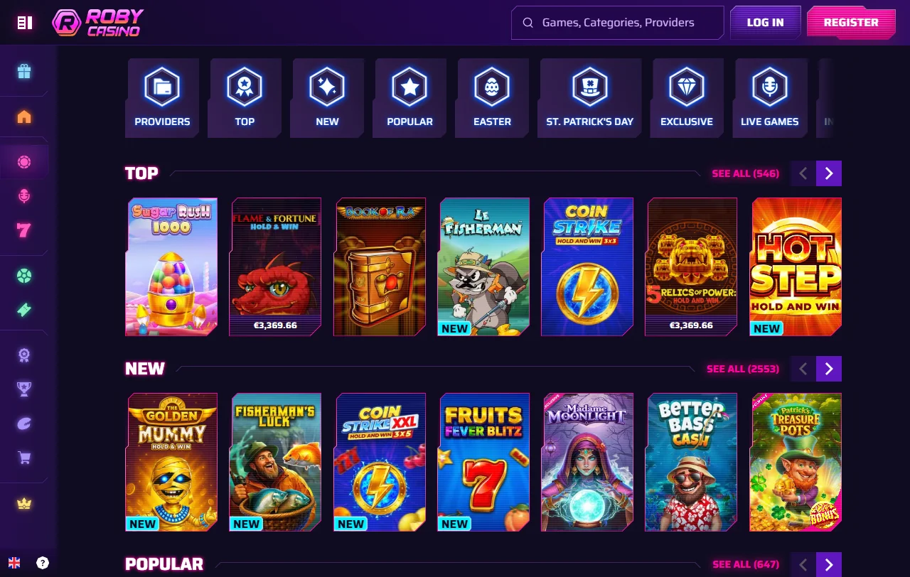 Roby Casino welcome bonus package featuring 100% match and free spins