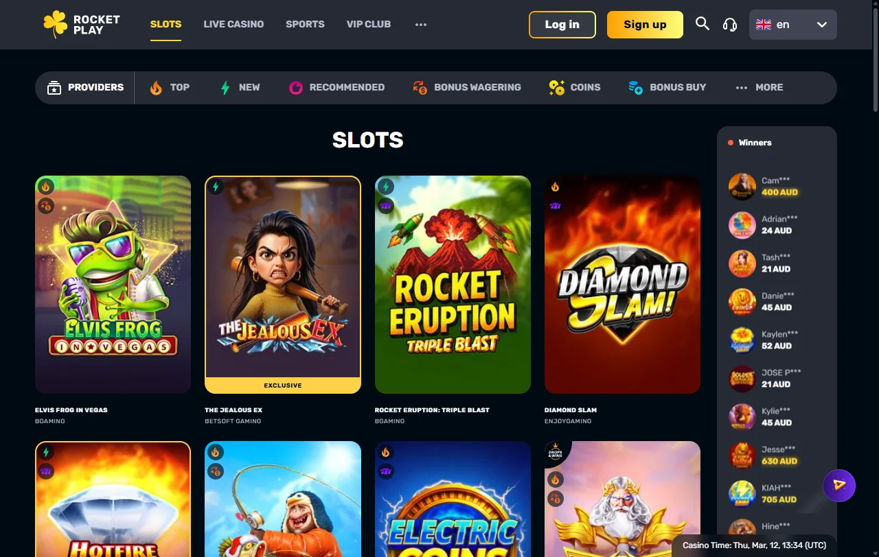 Diverse game selection including slots, live dealer tables, and specialty games available at RocketPlay Casino