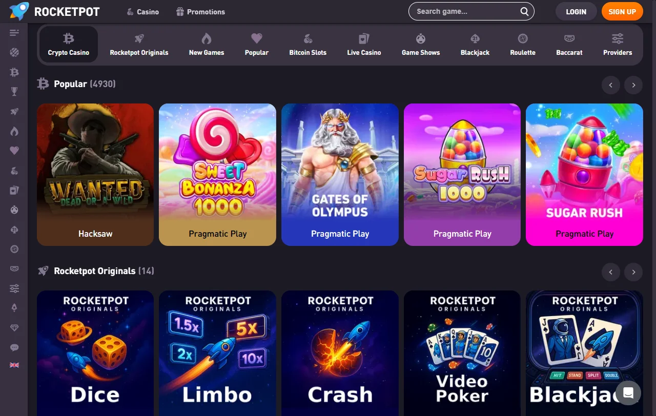 RocketPot Casino slots, table games and live dealer offerings from Pragmatic Play, Evolution Gaming and other providers