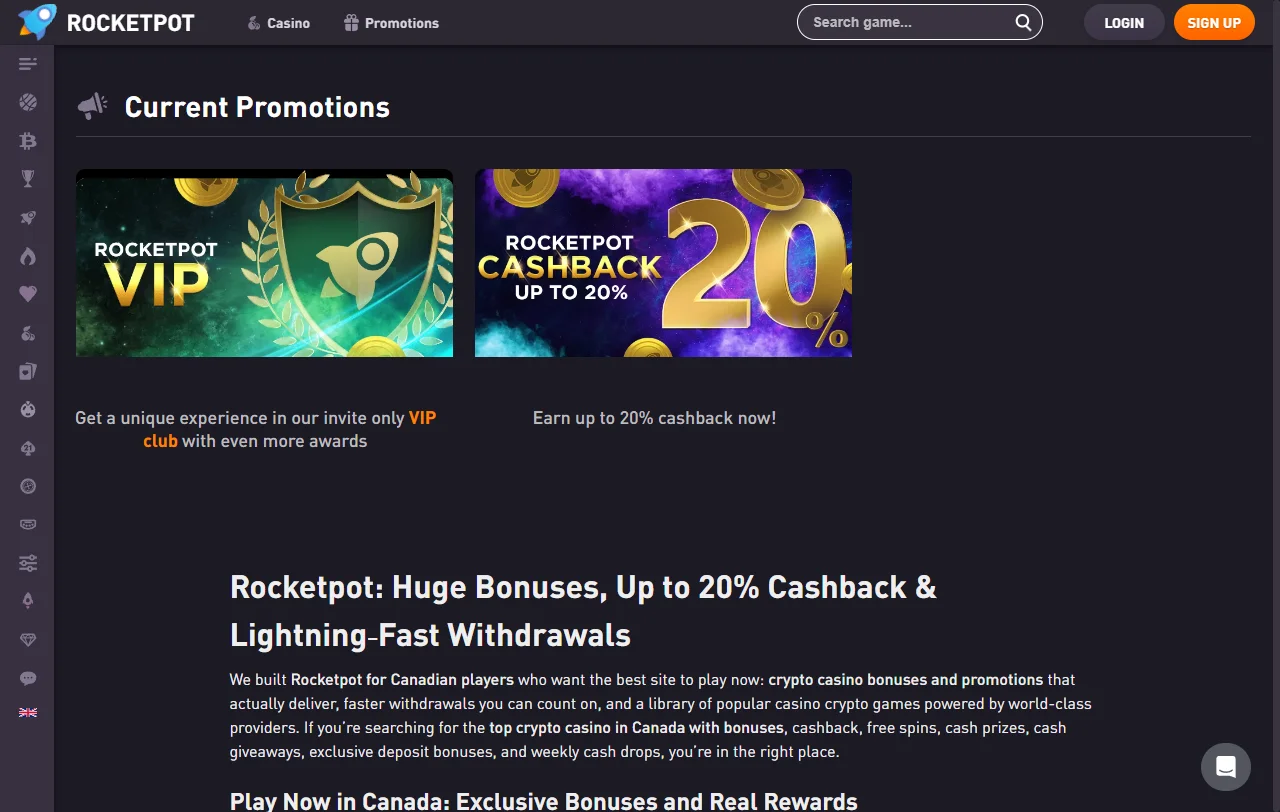 Welcome bonus structure, reload offers and VIP program details at RocketPot Casino with wagering requirements