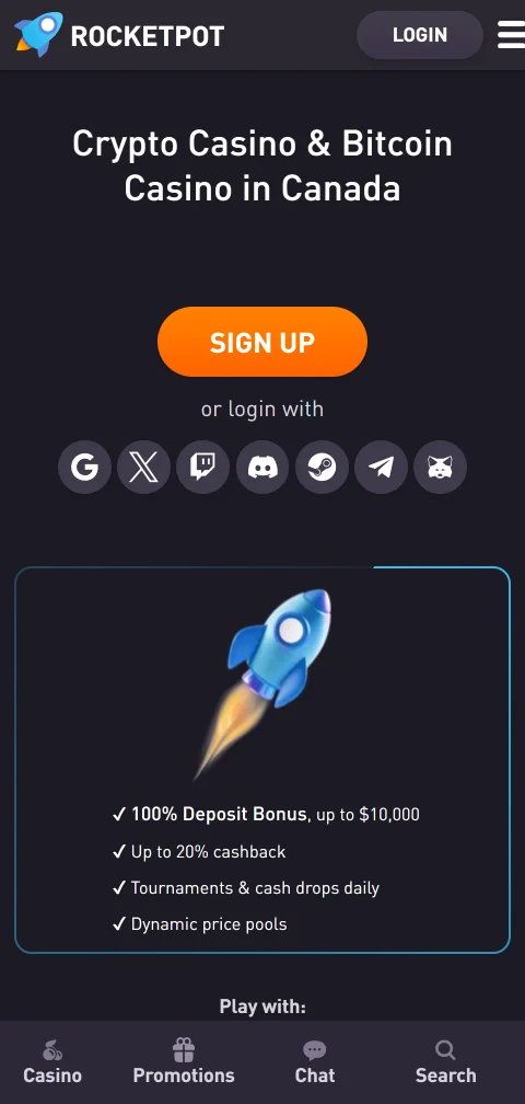 RocketPot Casino mobile browser gameplay on smartphone - full access to 3,500+ games without app download