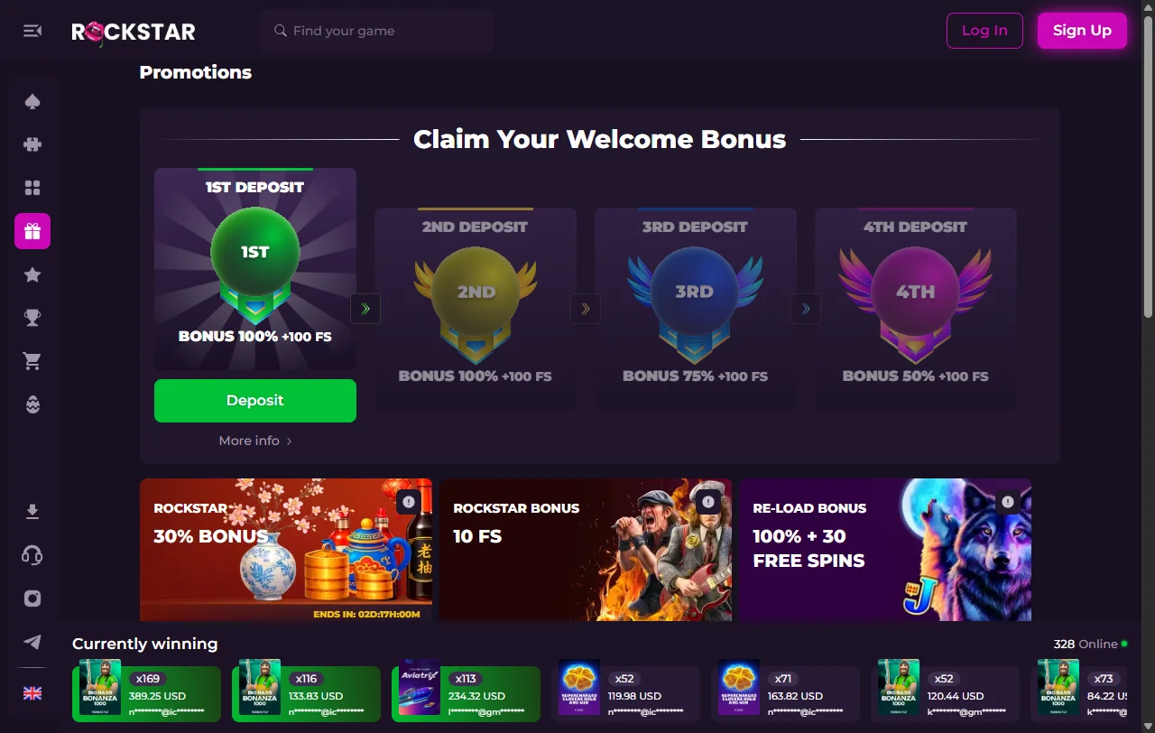 Extensive game selection including slots and live dealer tables powered by Pragmatic Play and Evolution Gaming at Rockstar Casino