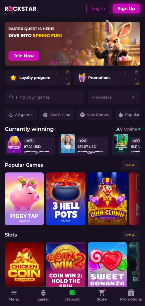 Rockstar Casino mobile gaming platform accessible via responsive web browser on iOS and Android smartphones