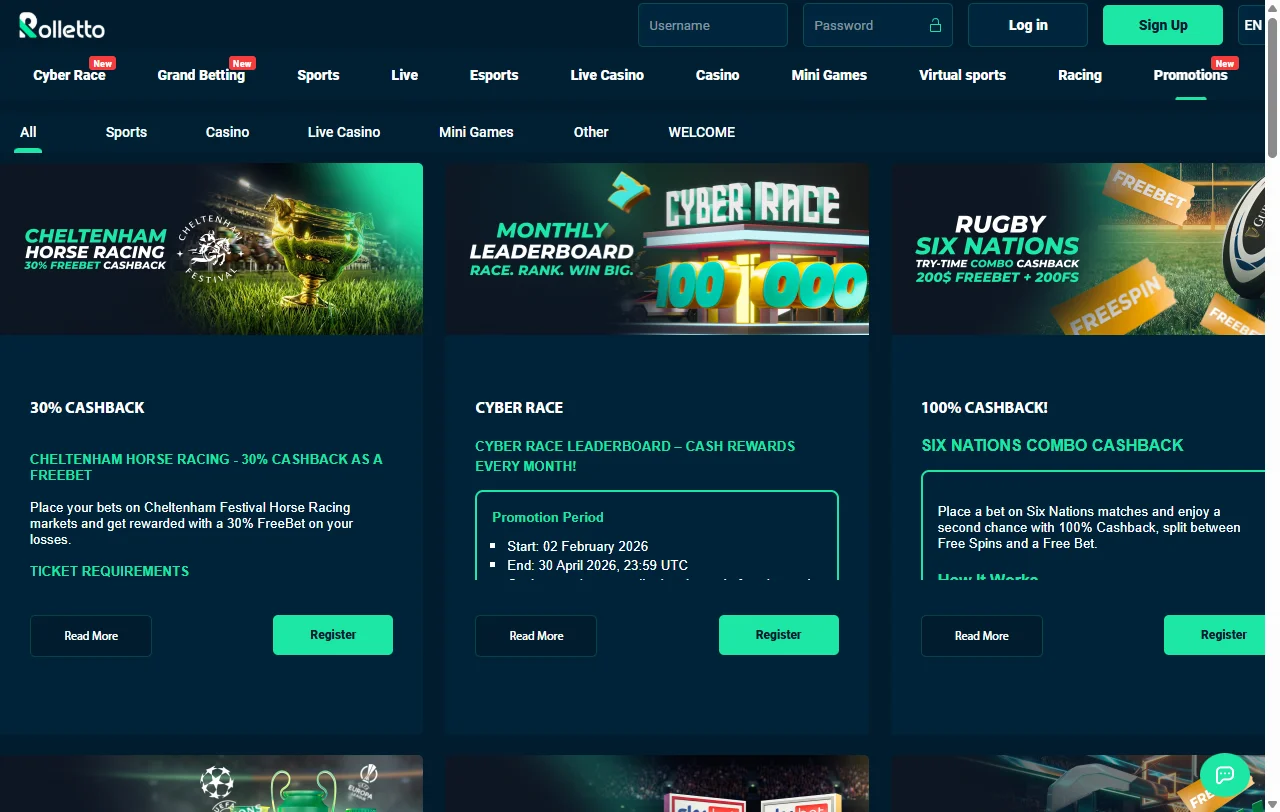 Rolletto Casino slots and table games collection with provider logos and RTP information displayed