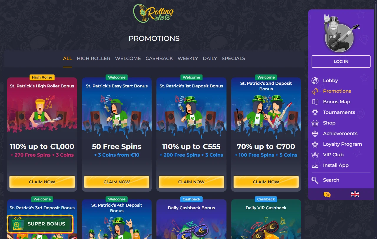Slot games, table games and live dealer entertainment available at Rolling Slots Casino