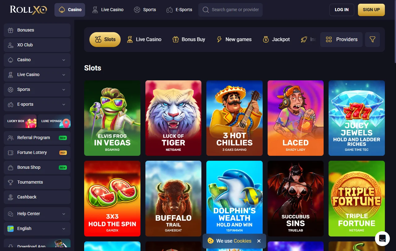 RollXo Casino game selection showcasing slots, table games, and live dealer experiences from 60+ providers