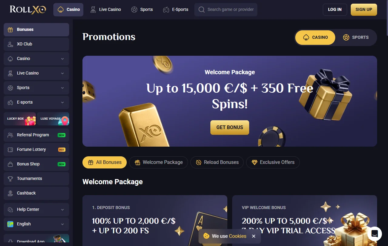RollXo Casino promotional offers including welcome bonus structure and loyalty program details