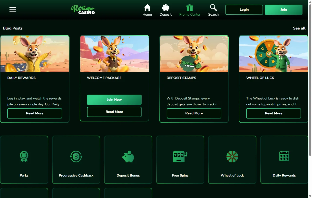 Game library showcasing 3,000+ slots and table games from Evolution Gaming and Pragmatic Play at Roo Casino