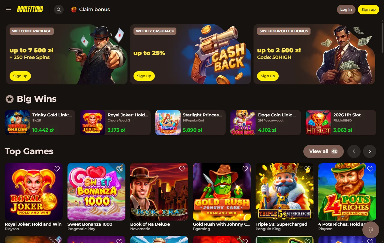 Roulettino Casino desktop review showing complete platform layout with game library, account features, and promotional information