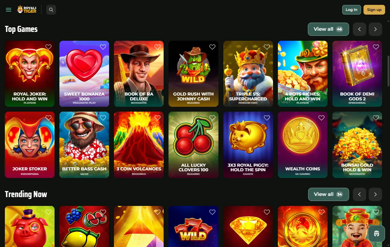 Game library selection featuring slots and live dealer tables powered by RoyalsTiger Casino software providers