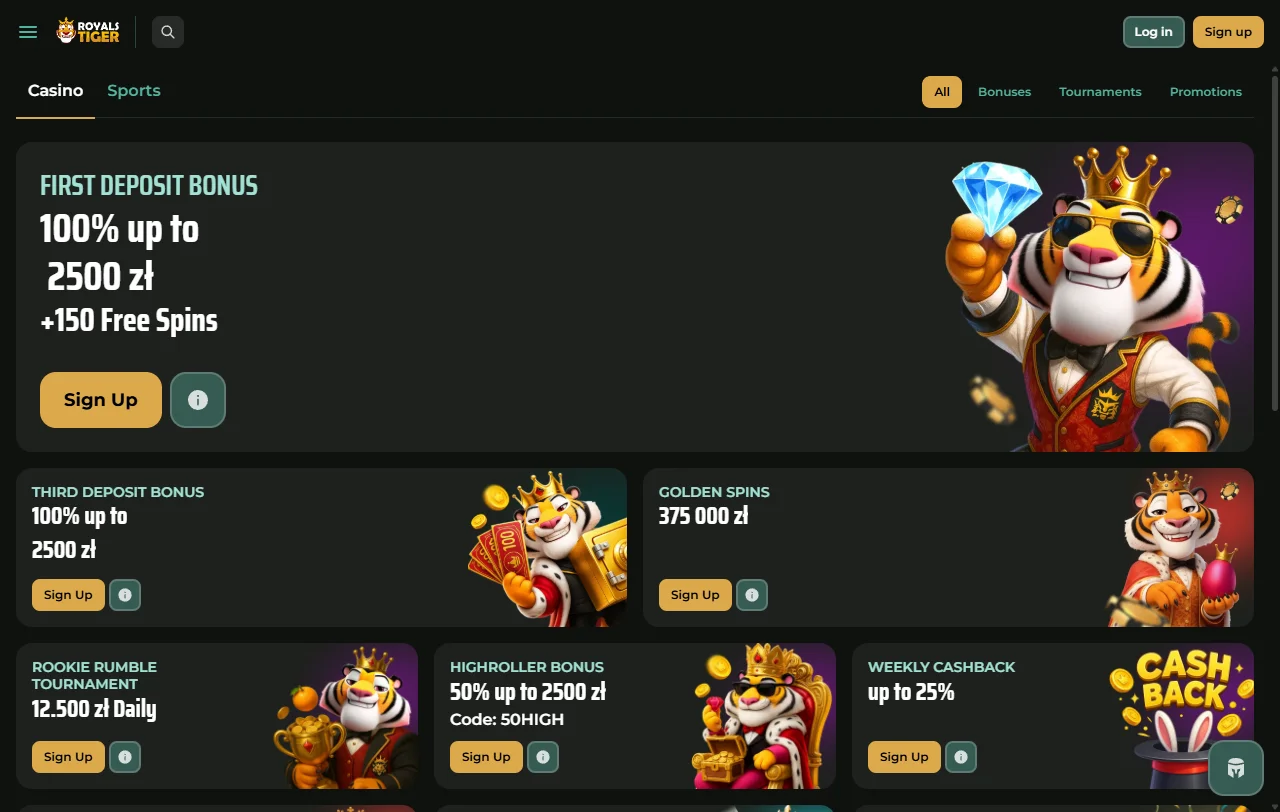 Welcome bonus promotion and loyalty rewards structure offered by RoyalsTiger Casino to new and returning players