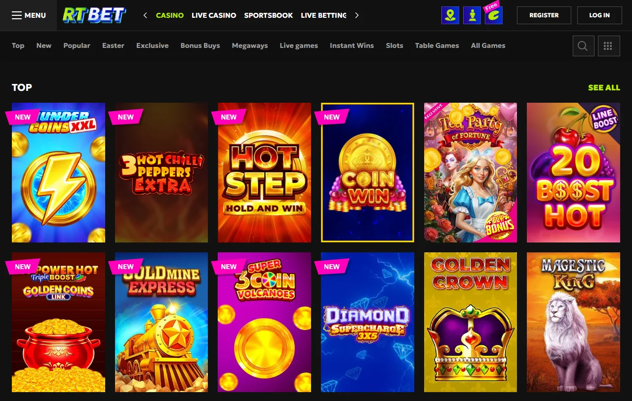 RTBet Casino game selection showcasing slots, table games, and live dealer options from major software providers