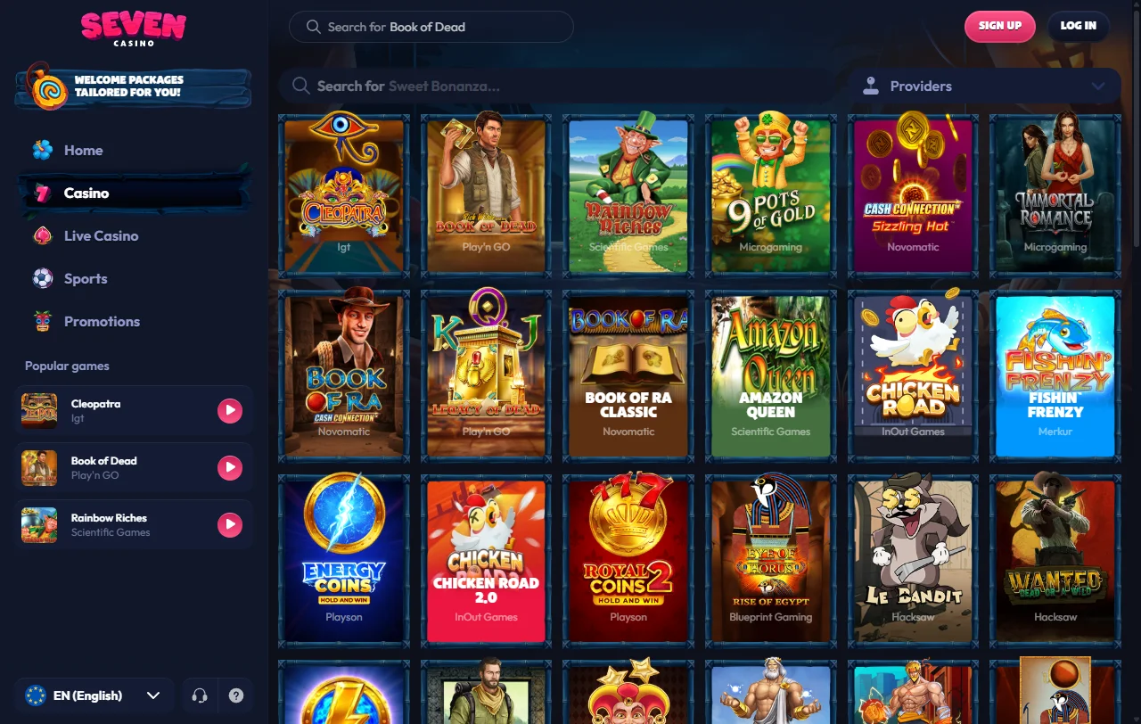 Seven Casino game library display featuring 3,500+ slots and table games from 60+ software providers