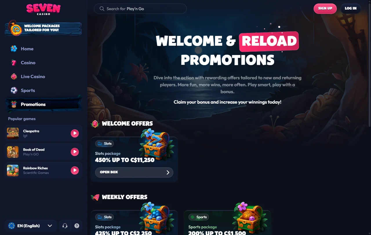 Welcome bonus and promotions overview at Seven Casino including 100% match and free spins offer