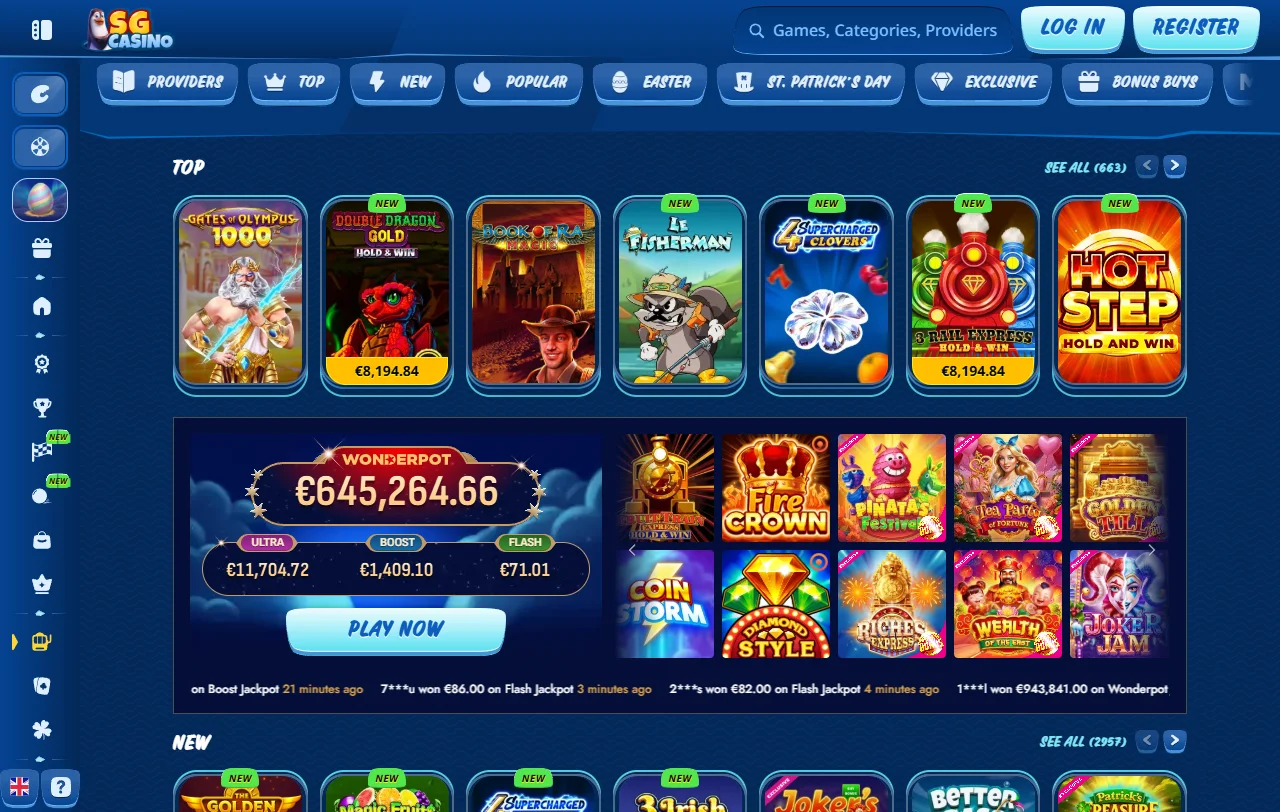 SG Casino welcome bonus package with deposit match and free spins promotion details