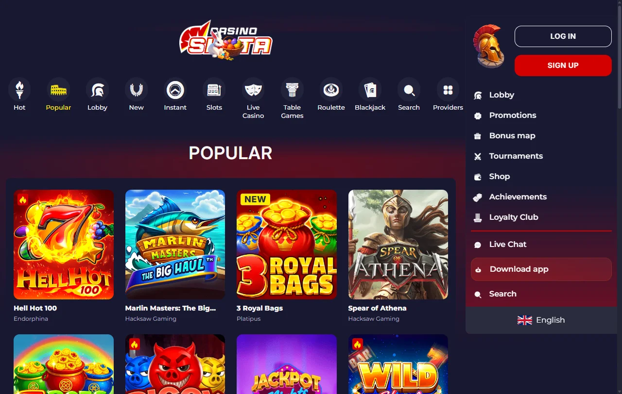 Slota Casino game collection featuring slots, table games and live dealer titles from multiple software providers
