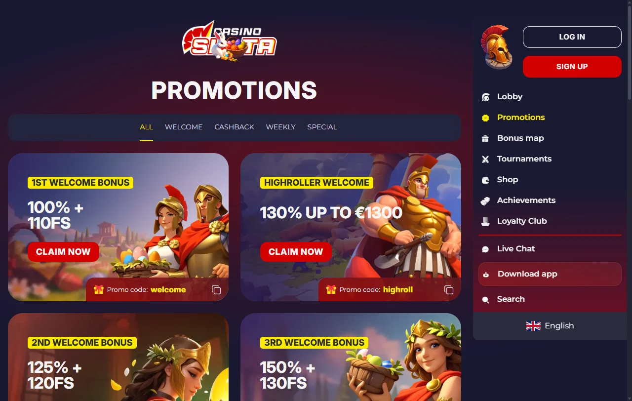 Welcome bonus details at Slota Casino including deposit match, free spins and promotional terms