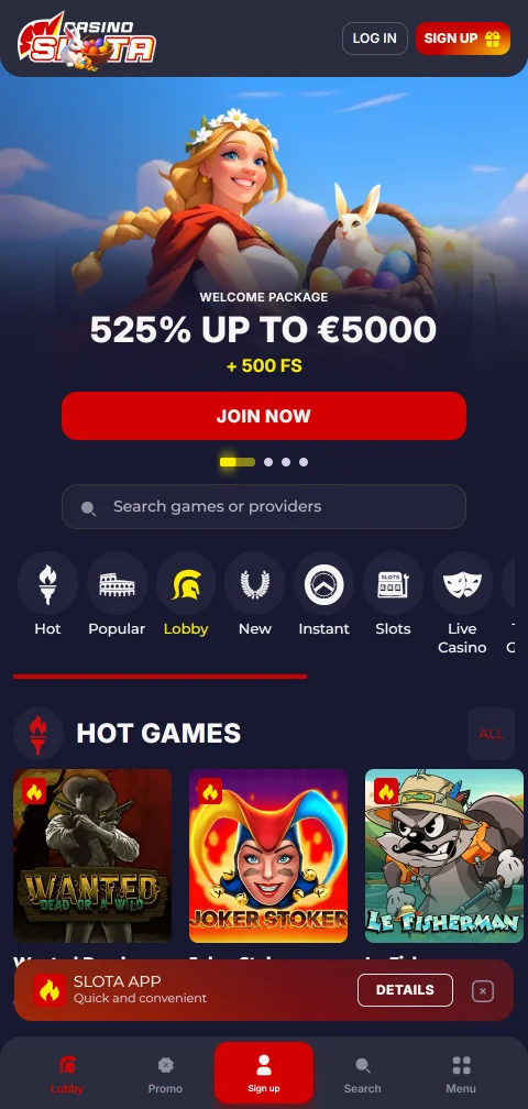 Slota Casino mobile gaming interface optimised for smartphone and tablet play without app download