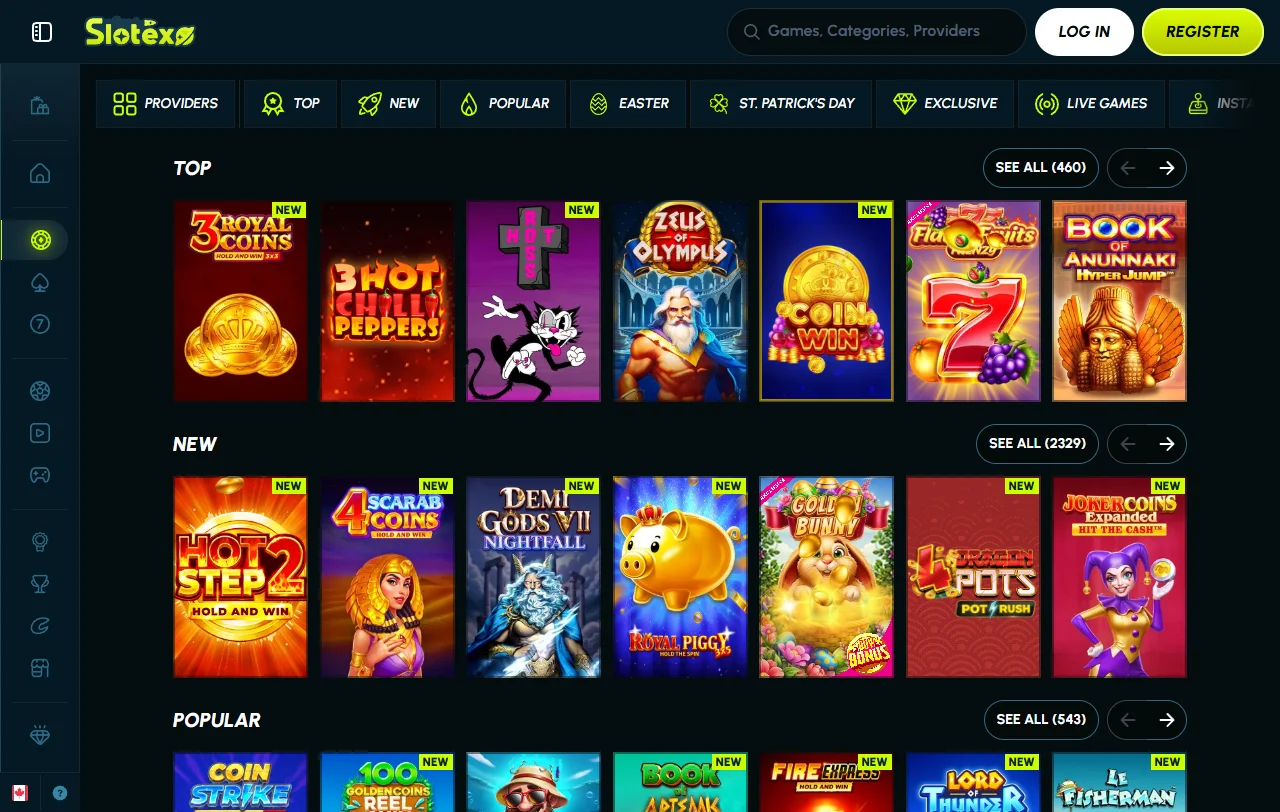 Extensive game collection including slots and live dealer tables from Pragmatic Play and Evolution Gaming