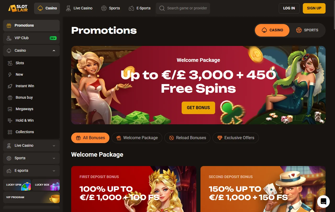SlotLair Casino game library featuring 3,000+ titles from 50+ software providers