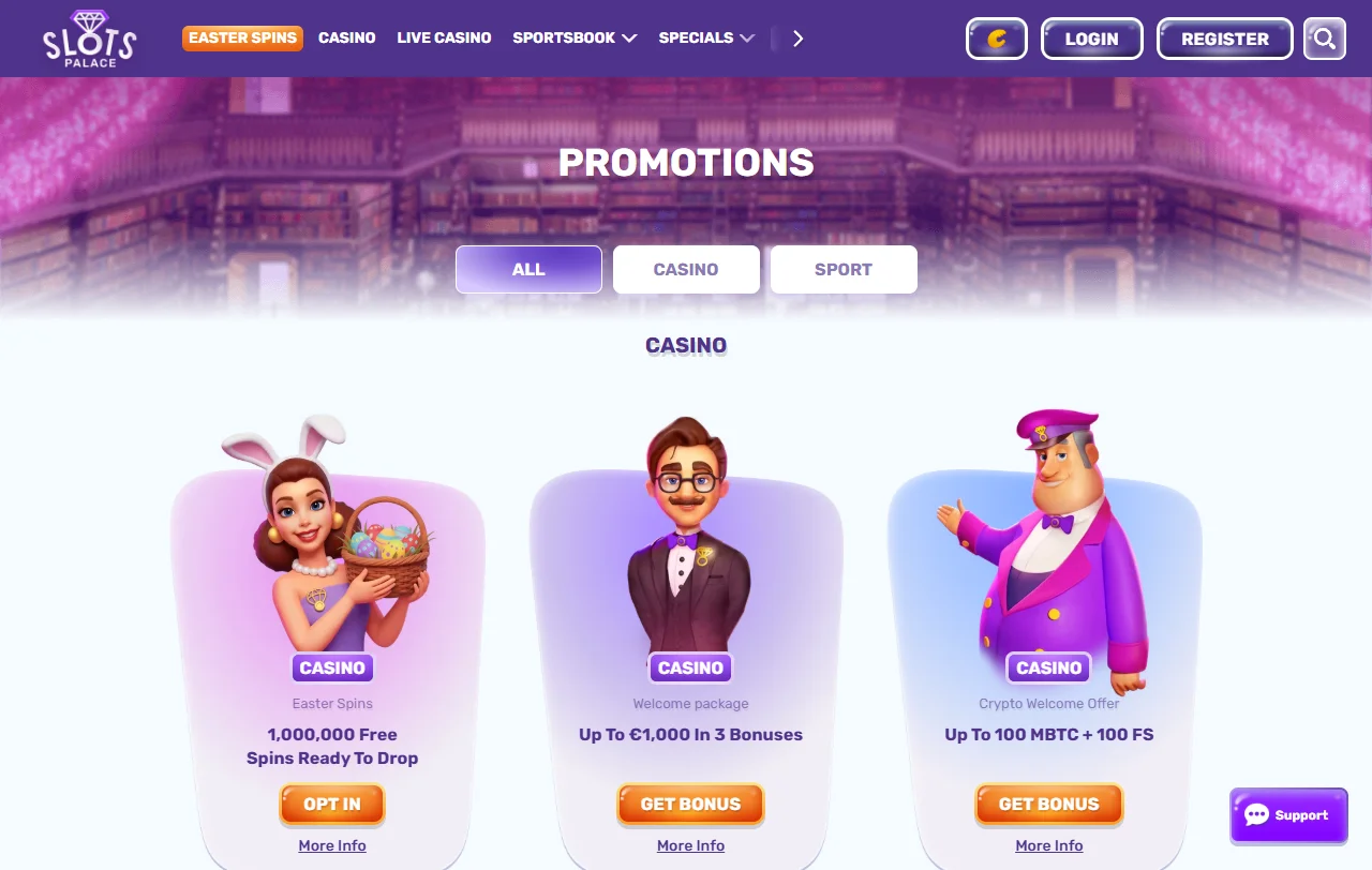 Game collection overview at SlotsPalace Casino featuring slots and live dealer tables from Pragmatic Play and Evolution Gaming