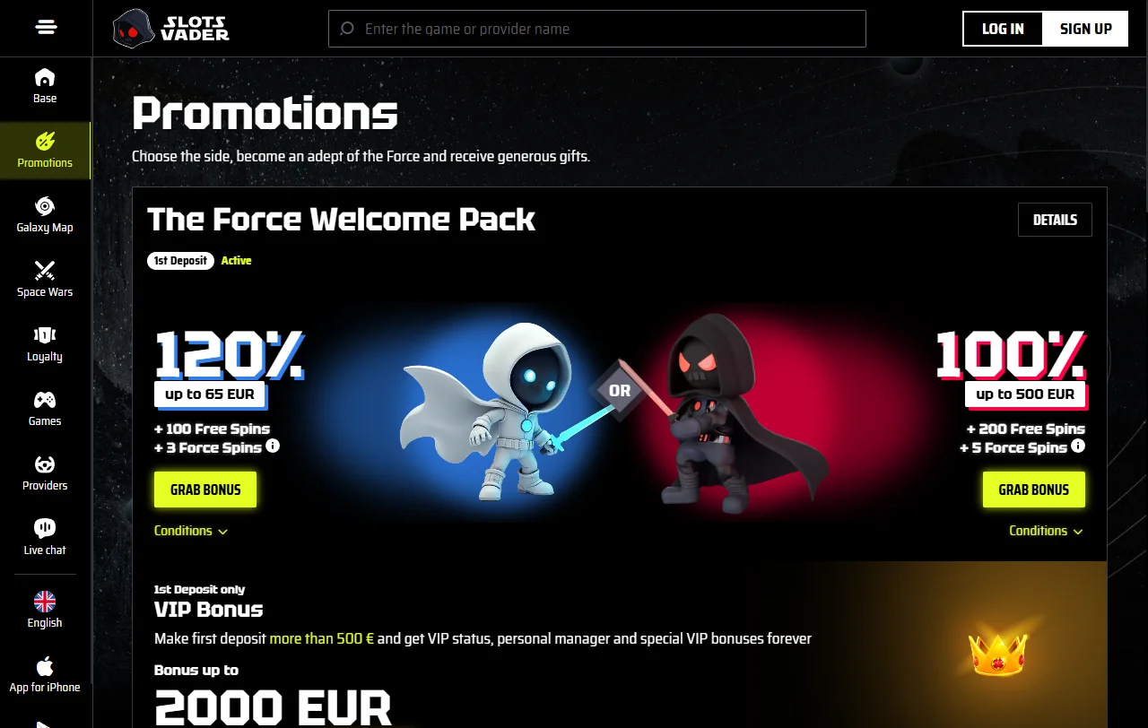 SlotsVader Casino game library featuring 3,500+ slots and table games from Evolution Gaming and Pragmatic Play
