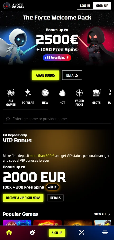 Mobile gaming at SlotsVader Casino with responsive browser design supporting full gameplay on iOS and Android devices