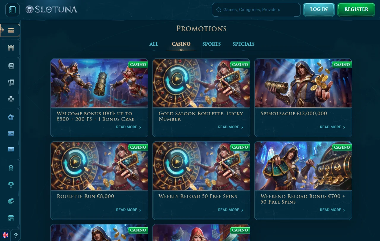 Diverse game selection including slots, table games, and live dealer experiences at Slotuna Casino