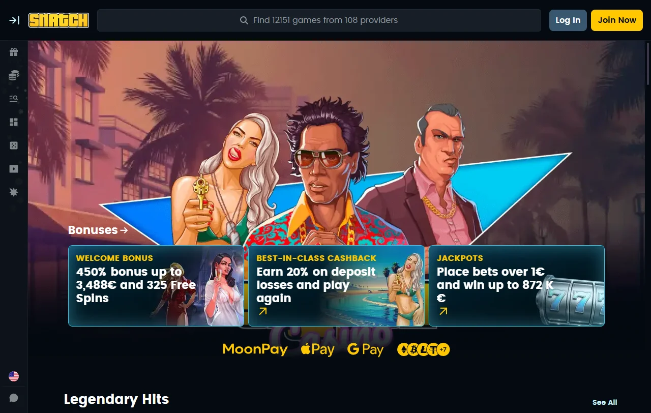 Snatch Casino desktop platform review showing complete game lobby and navigation interface for Australia players