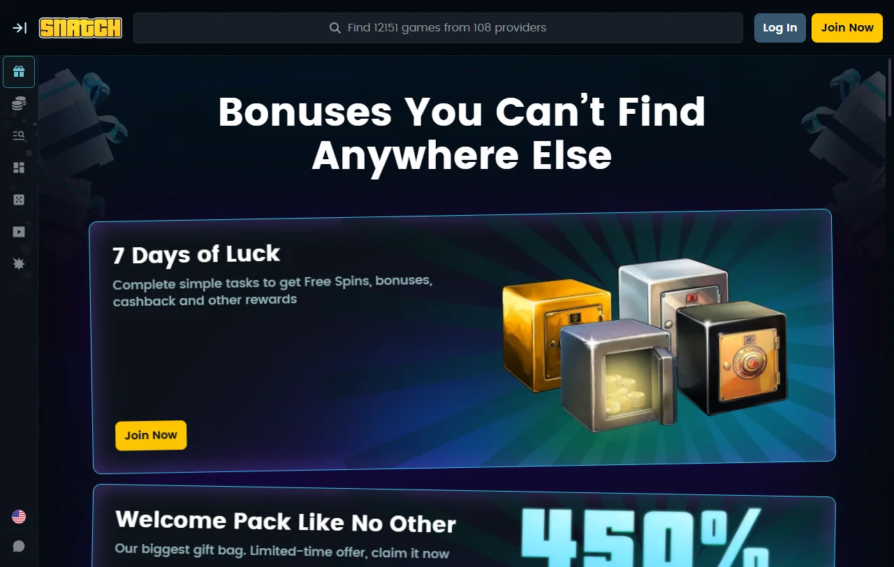 Welcome bonus promotion and loyalty rewards program details displayed at Snatch Casino