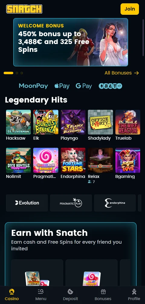 Snatch Casino mobile gaming platform optimised for iOS and Android devices with responsive design