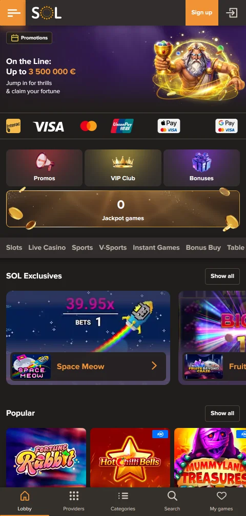 Sol Casino Australia mobile app and responsive browser design optimised for iOS and Android devices