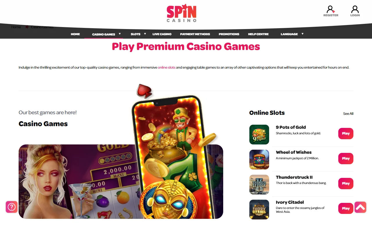 Game library showcase featuring slots, table games and live dealer titles available at Spin Casino