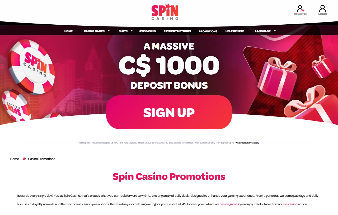 Welcome bonus details and promotional offers structure at Spin Casino
