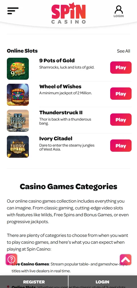 Deposit and withdrawal methods available through Spin Casino mobile platform
