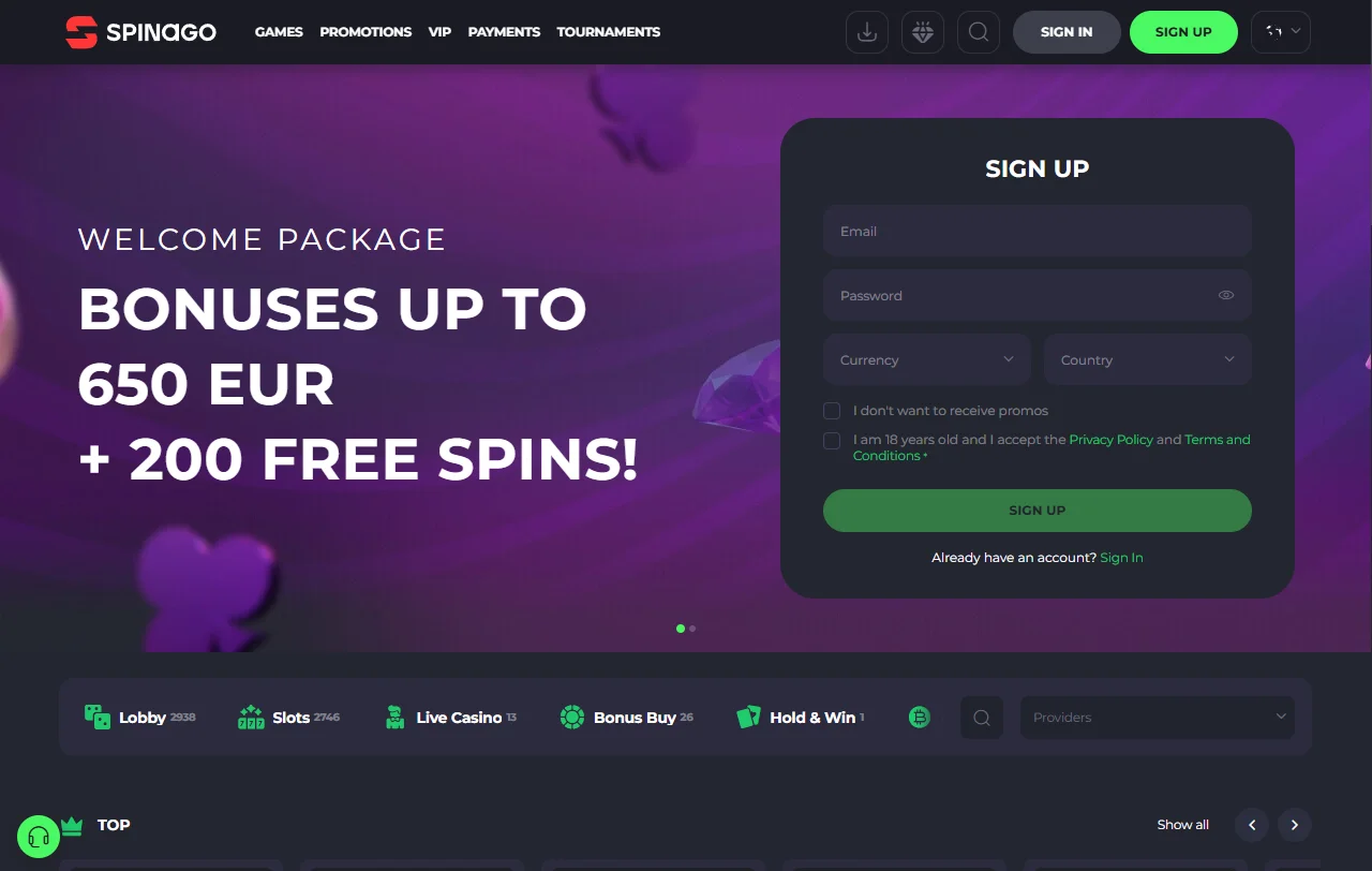 Spinago Casino platform review showing complete feature overview and user interface layout