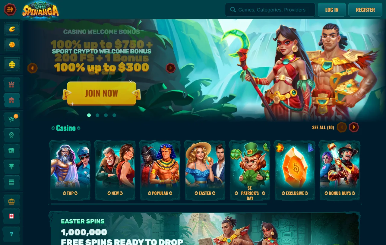 Spinanga Casino desktop review showing complete platform layout with game library and account management